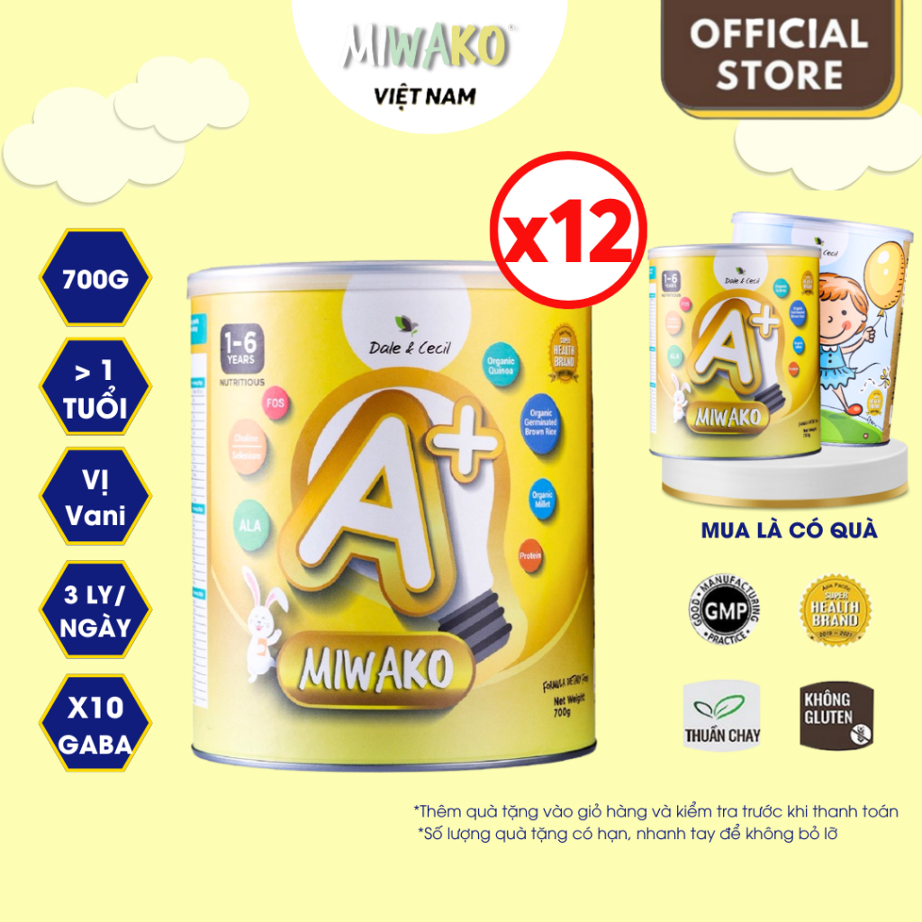 [Quà Khủng - Tặng 1 hộp A+ 700gr] Sữa Công Thức Thực Vật Hữu Cơ A+ 700gr vị Vani Thùng 12 hộp (8.4kg)- Miwako Việt Nam