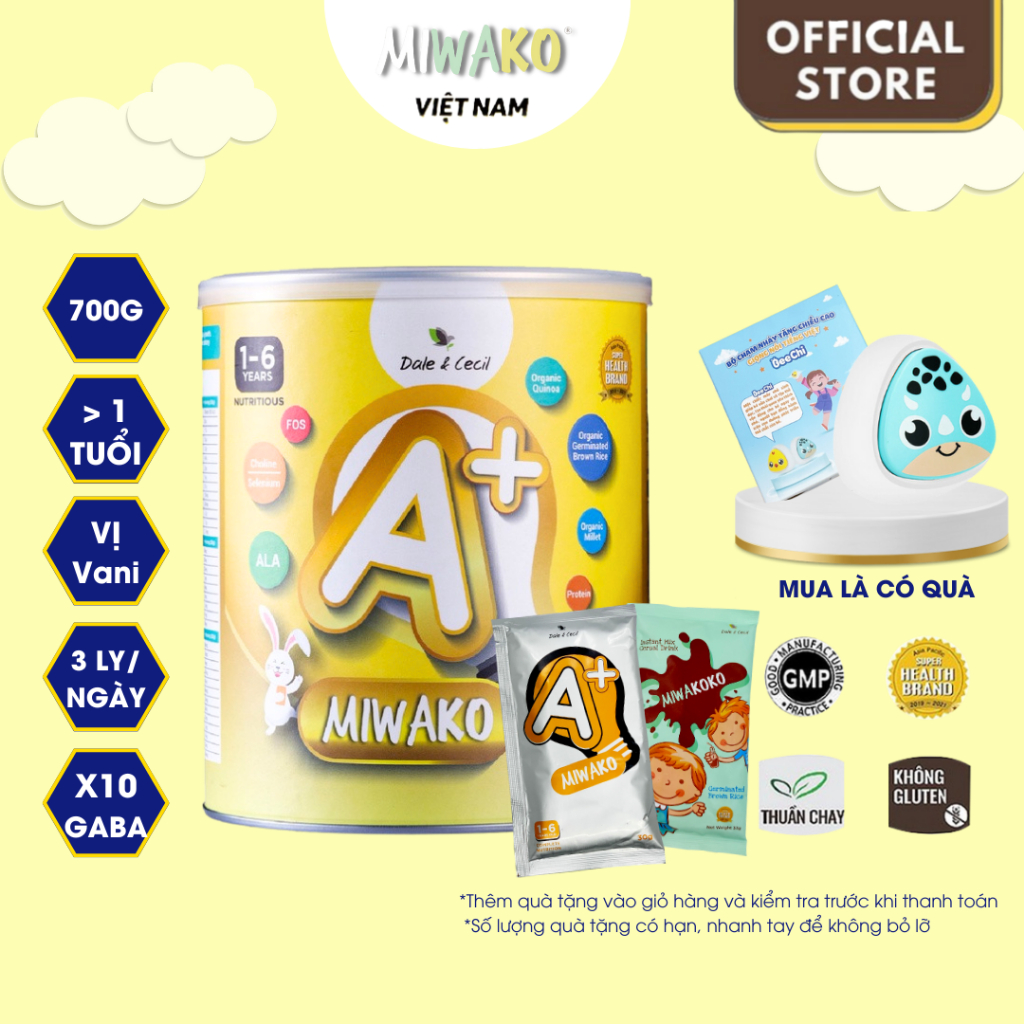 Sữa hạt Miwako A+ vị vani hộp 700g + Gói sữa Miwako A+ vị vani gói 30g & Miwakoko vị cacao 30g - Miwako Official Store