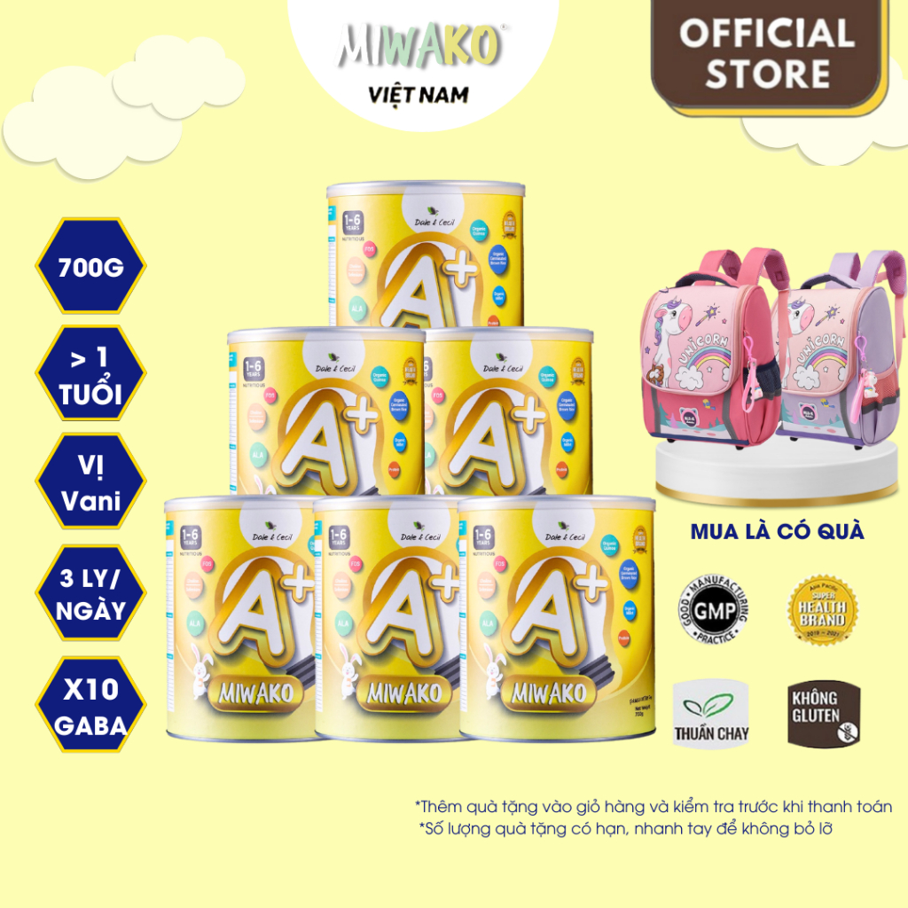 [Tặng Quà] Sữa Công Thức Hạt Thực Vật Hữu Cơ MIWAKO A+ Vị Vani 700g x 6 hộp ( 4.2kg ) - Miwako Official Store