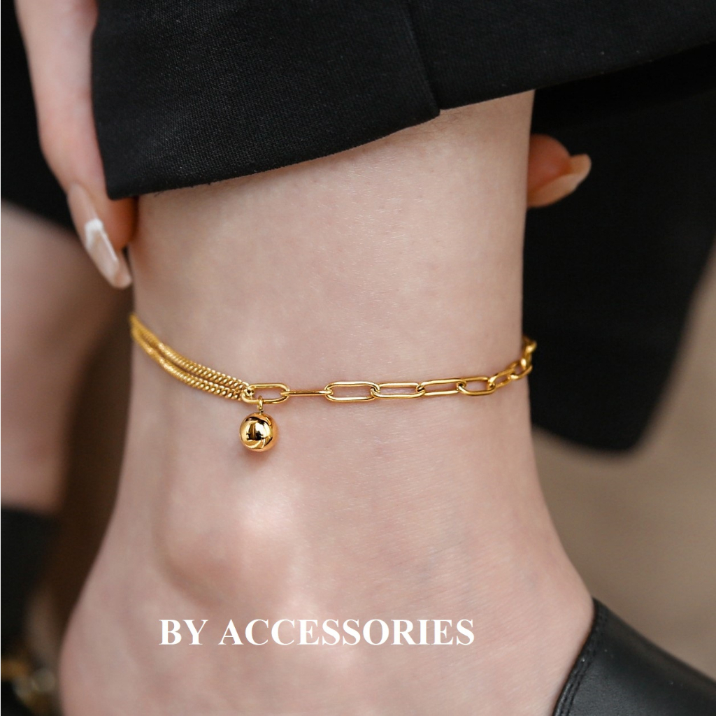 Lắc chân nữ titan kiểu xích bất đối xứng phối mặt bi tròn mạ vàng 18K không gỉ