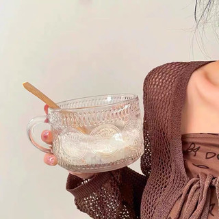 Cốc thuỷ tinh 450ml có quai ăn ngũ cốc trang trí hoạ tiết hoa mặt trời 450ml