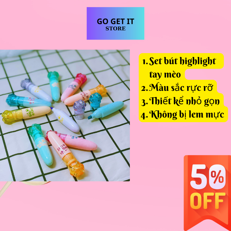 Combo ,Set bút highlight/ bút dạ quang/bút nhớ dòng hình tay mèo tone ...