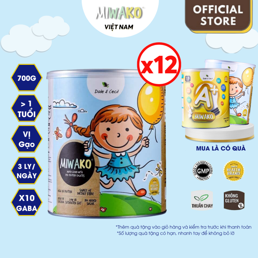 [Tặng 1 Hộp Miwako 700g] Thùng 12 Hộp Sữa Công Thức Thực Vật Hữu Cơ Miwako Vị Gạo 700gr (8.4kg) - Miwako Việt Nam
