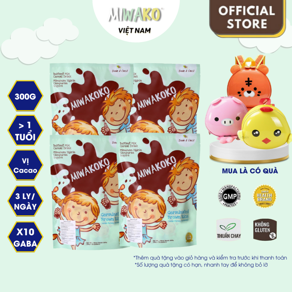 Sữa Hạt Thực Vật Hữu Cơ Miwakoko Vị Cacao Túi 300g x 4 túi (1.2kg) - Miwako Official Store