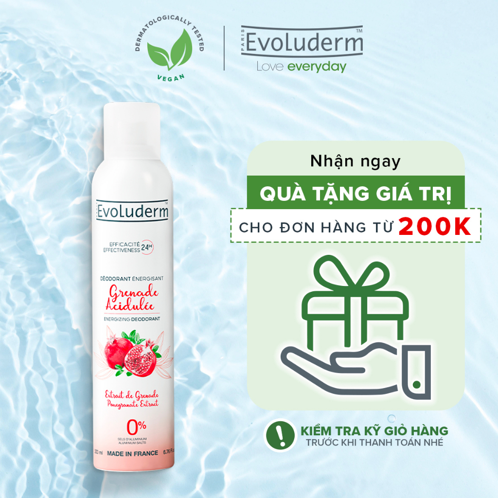 [HSD 8.2026] Xịt khử mùi toàn thân Evoluderm chiết xuất Lựu đỏ ngăn khuẩn gây mùi suốt 24h - 200ml (15256)