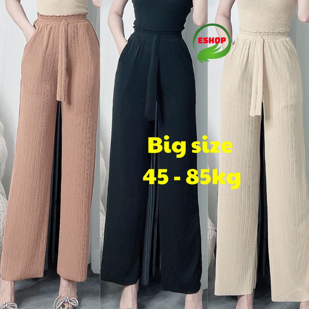 Quần Ống Rộng Suông ESHOP Nữ Cạp Cao Ống Đứng Thun Gân Tăm Thái Có Túi Mặc Mùa Hè Bigsize 65-85kg