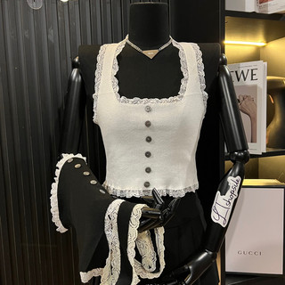 Áo len yếm nữ cổ ren khuy dừa, áo croptop phối ren bèo xinh 096
