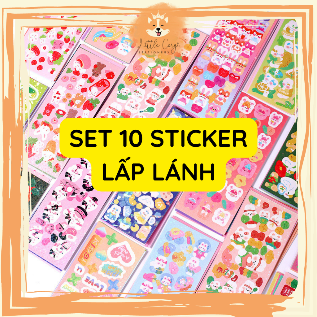 Set 10 hình dán sticker lấp lánh hologram trang trí sổ tay, toploader ...