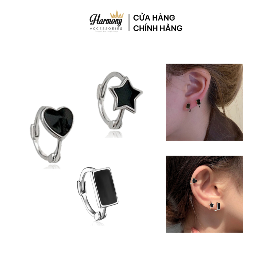 Khuyên tai tròn bạc nguyên chất màu đen ngôi sao, trái tim, chữ nhật Black Earrings | HARMONY ACCESSORIES K260