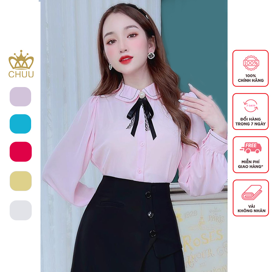 Áo sơ mi công sở nữ tay phổng cổ chẻ kèm nơ vải rời CHUU A9274 | Shopee ...