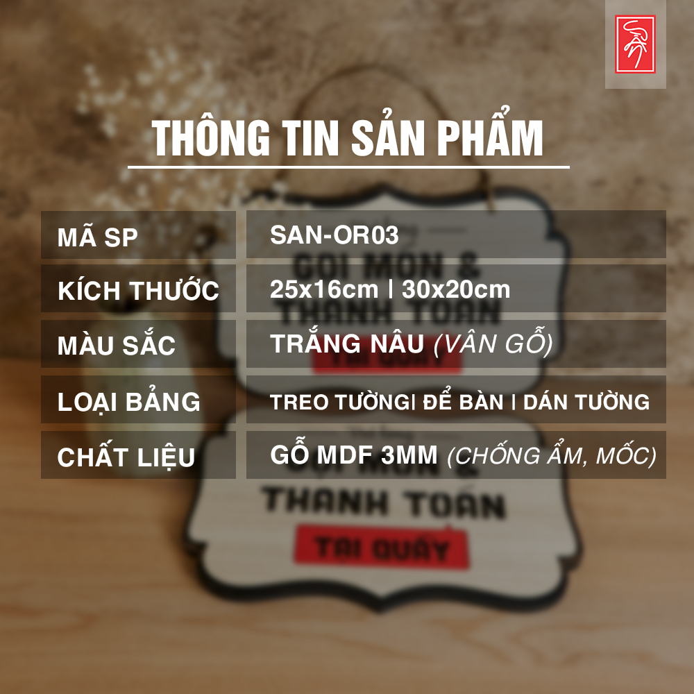 Bảng gỗ gọi món và thanh toán tại quầy (Bảng gỗ để bàn - treo tường - dán tường)  SAN-OR03