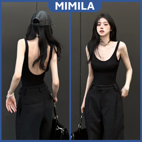 Áo Bodysuit 2 Dây Có Mút MIMILA Khoét Lưng Quyến Rũ Áo Liền Thân Màu Đen Basic Chất Thun Gân Co Giãn - MBS013