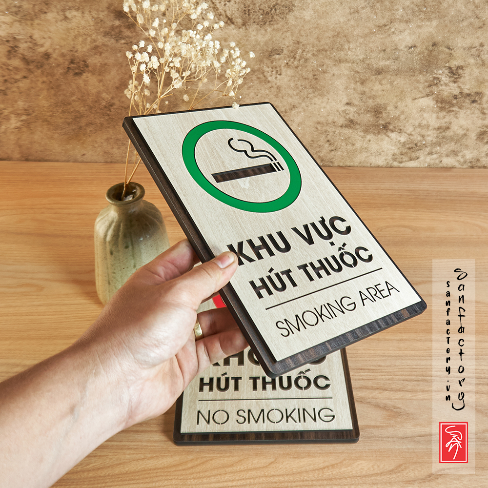 Biển cấm không hút thuốc, biển chỉ dẫn khu vực hút thuốc SAN-BC05 bằng gỗ dán tường có sẵn keo