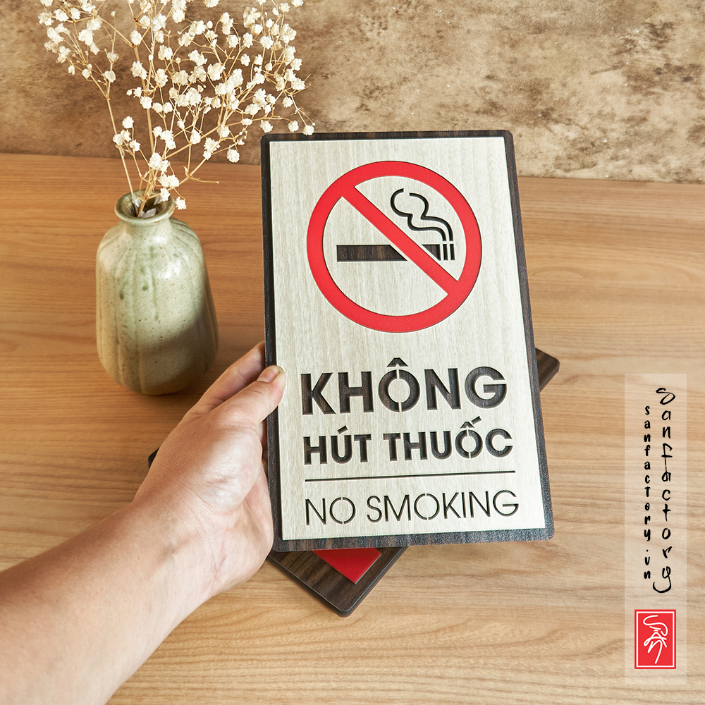 Biển cấm không hút thuốc, biển chỉ dẫn khu vực hút thuốc SAN-BC05 bằng gỗ dán tường có sẵn keo