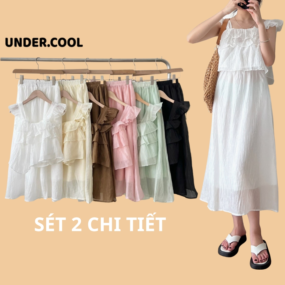 Set đồ nữ đi biển UNDERCOOL chất Lụa Voan Áo Hai Dây Cánh Tiên, Kèm Váy dài SB10