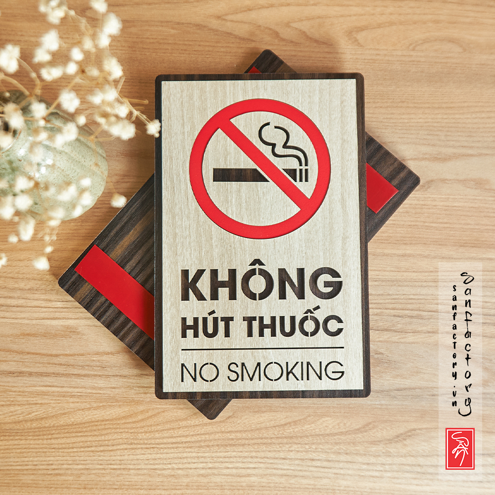 Biển cấm không hút thuốc, biển chỉ dẫn khu vực hút thuốc SAN-BC05 bằng gỗ dán tường có sẵn keo