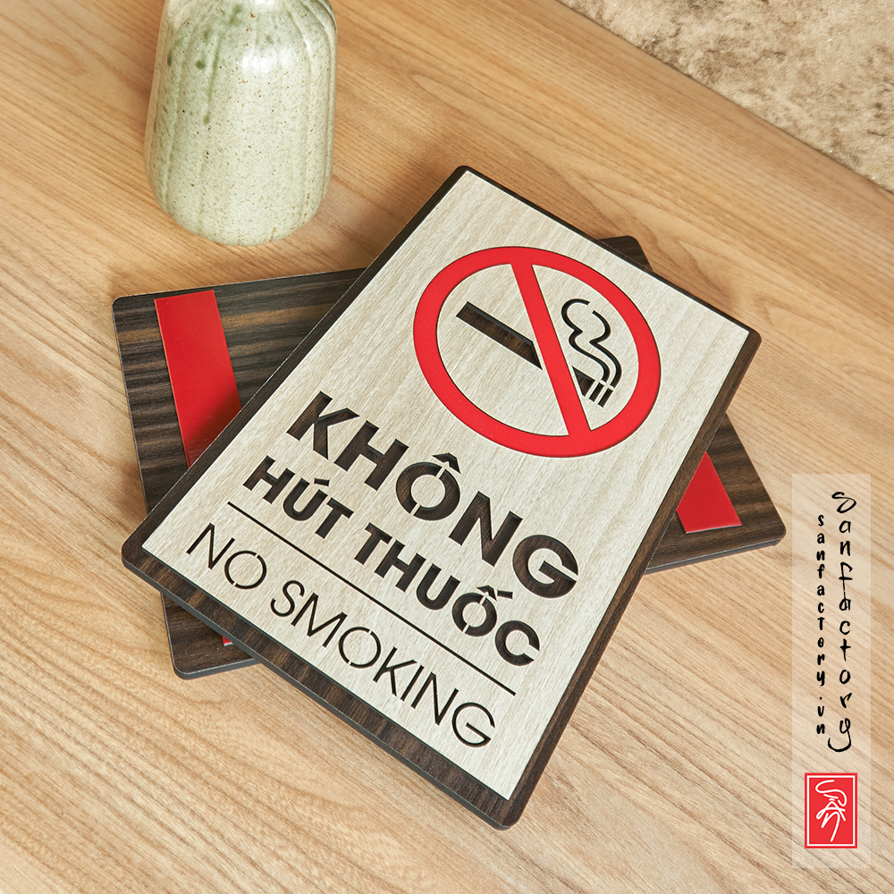 Biển cấm không hút thuốc, biển chỉ dẫn khu vực hút thuốc SAN-BC05 bằng gỗ dán tường có sẵn keo