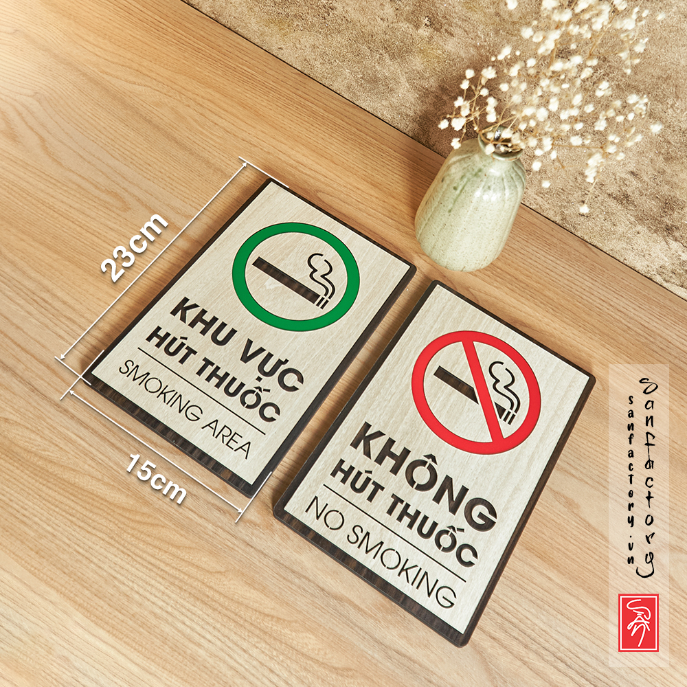 Biển cấm không hút thuốc, biển chỉ dẫn khu vực hút thuốc SAN-BC05 bằng gỗ dán tường có sẵn keo