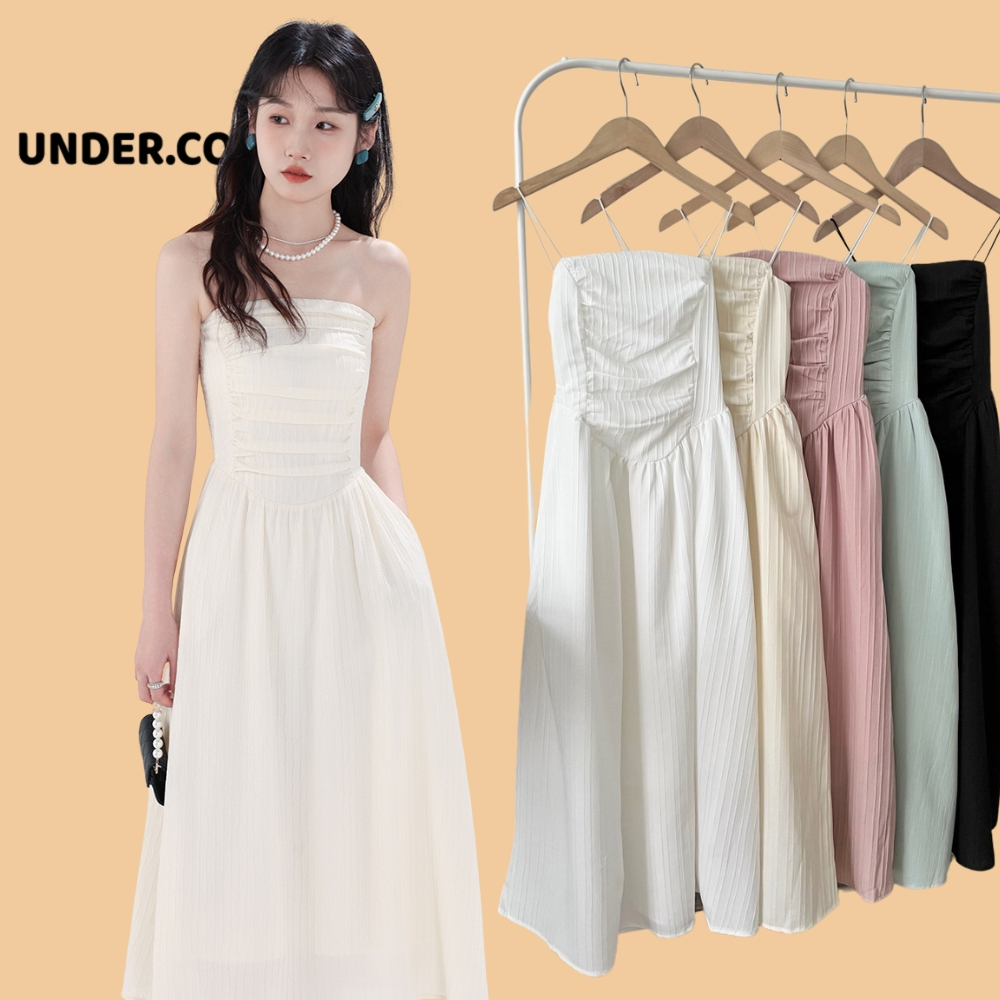 Váy Dự Tiệc UNDERCOOL Hai Dây Maxi Sợi Bún Tiểu Thư Màu Trắng, Đen, Hồng, VL18