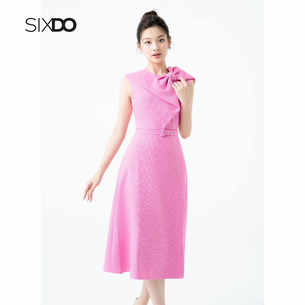 Đầm sát nách dáng xòe phối nơ thời trang SIXDO Raspberry Sleeveless Midi Raw Dress