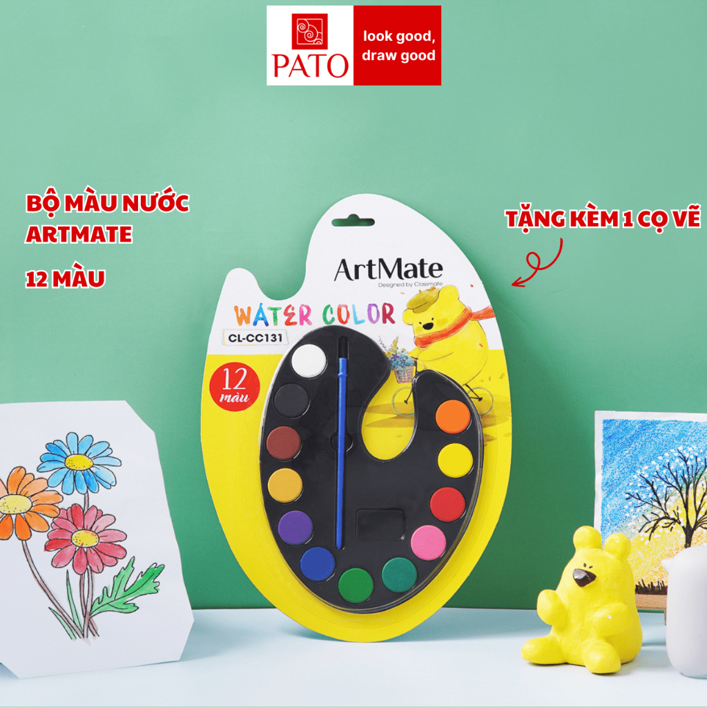 Bộ Màu Nước 12 Chiếc Kèm Cọ Vẽ, Màu Sắc Nét Sinh Động, Bám Giấy Tốt, Khô Nhanh, Tập Tô An Toàn Cho Bé CC131