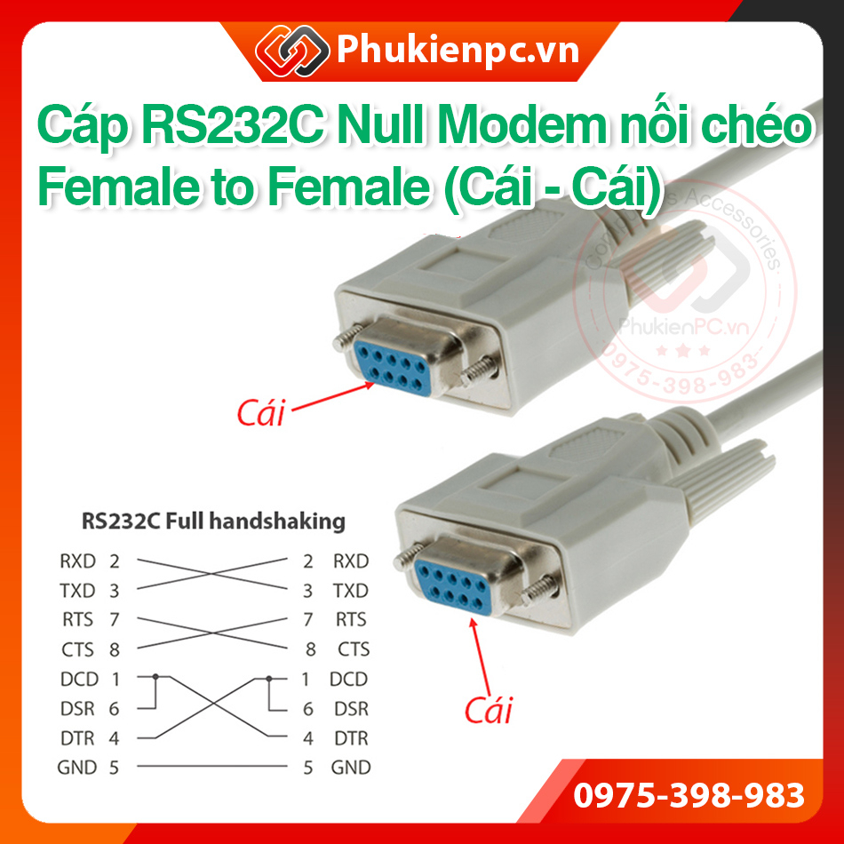 Cáp COM DB9 RS232c Null Modem Full handshaking nối chéo Cái Cái, dài