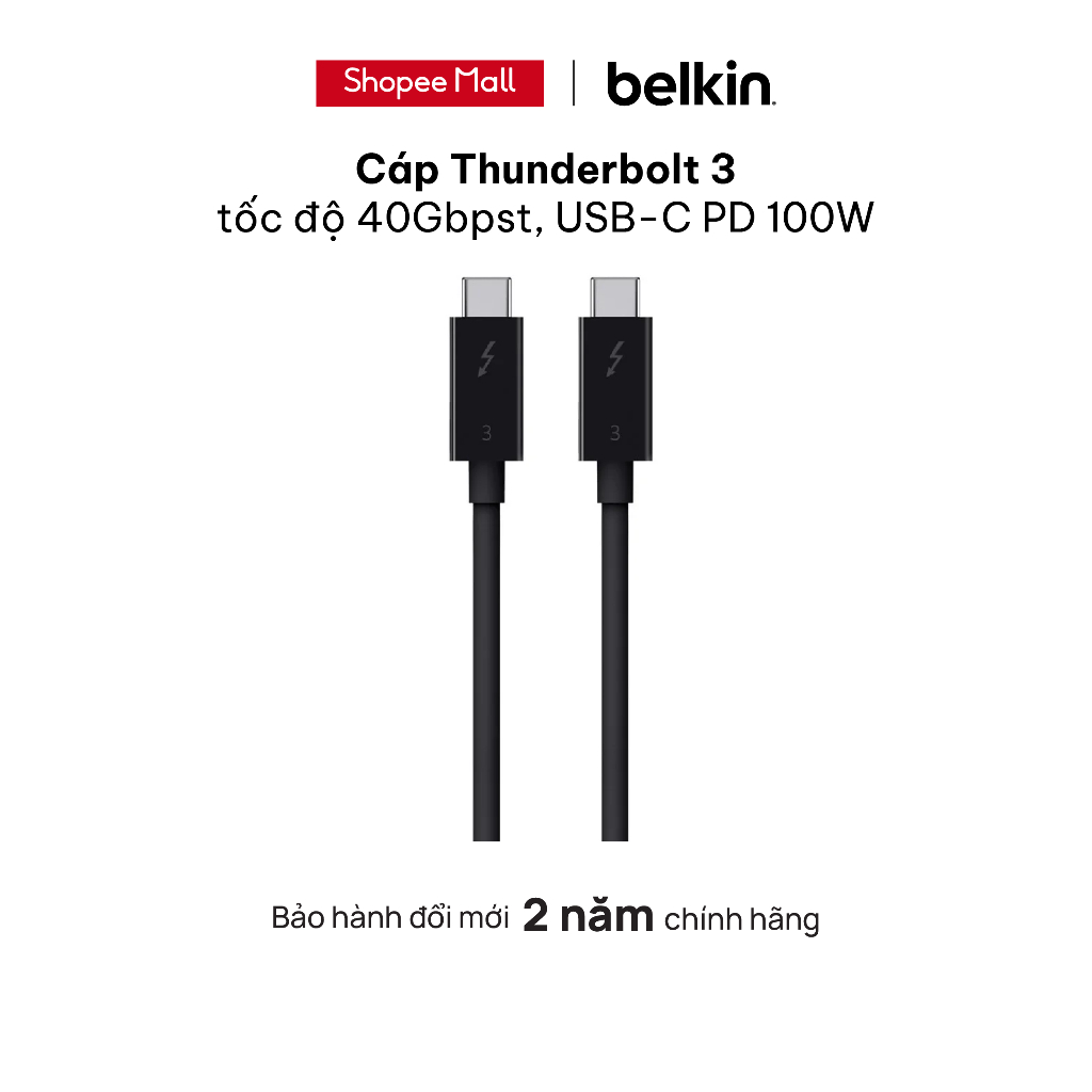 Cáp Thunderbolt 3 Belkin sạc 100W, truyền tải dữ liệu 40Gbps, xuất hình ảnh UHD 5k - BH đổi mới 2 năm - F2CD084BT