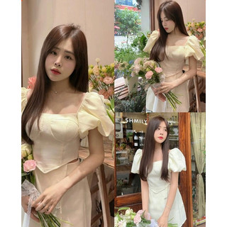 [S2.214] Set Áo Tay Bồng Cúp Ngực Mix Chân Váy Chữ A Nơ Đá Hàng 2 Lớp, Set Bộ Nữ Croptop Sang Chảnh Có Ảnh Thật