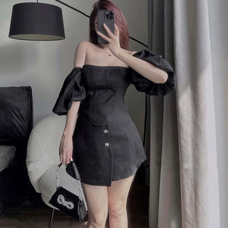 [S2.214] Set Áo Tay Bồng Cúp Ngực Mix Chân Váy Chữ A Nơ Đá Hàng 2 Lớp, Set Bộ Nữ Croptop Sang Chảnh Có Ảnh Thật