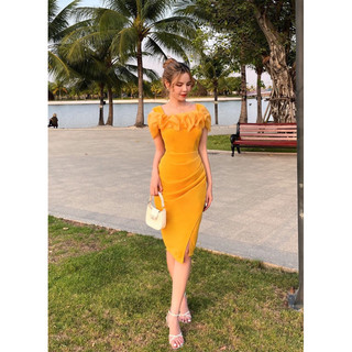 Đầm dún bèo tùng chéo sang trọng thanh lịch [ váy nữ thiết kế ] hồng, trắng, vàng, đen, đỏ  B003