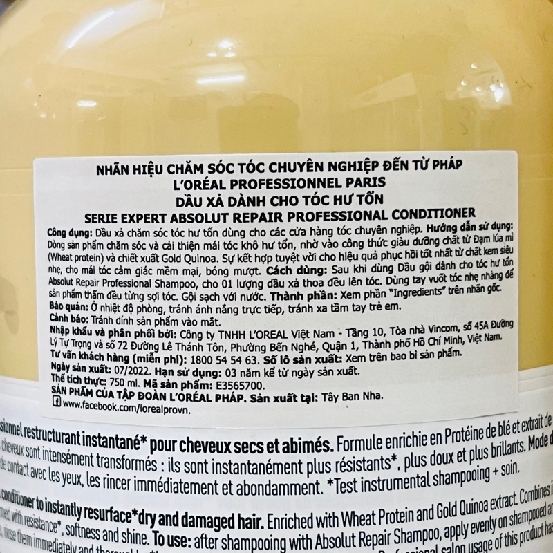 [L'OREAL] DẦU XẢ LOREAL ABSOLUT REPAIR GOLD CHO TÓC HƯ TỔN