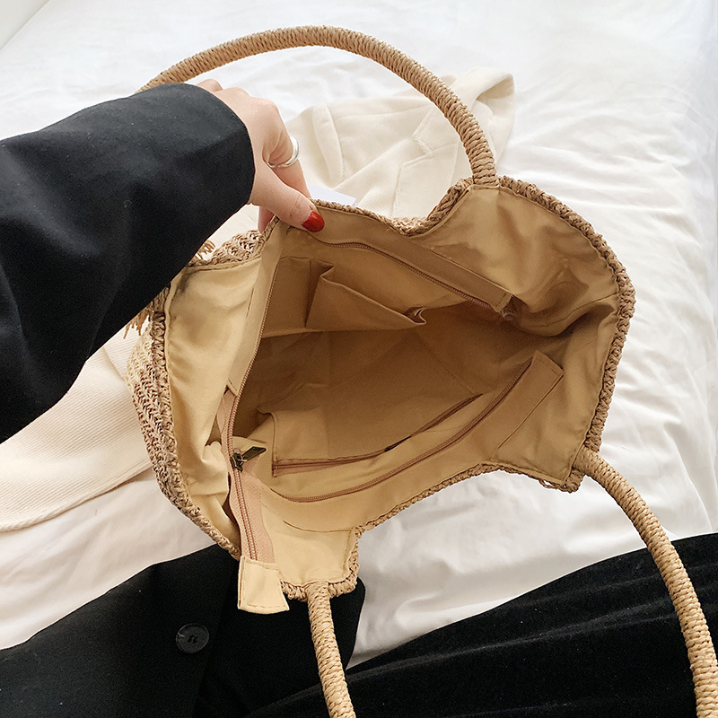 Túi cói Satchel yên ngựa pha màu - phụ kiện tua rua adung ntt95