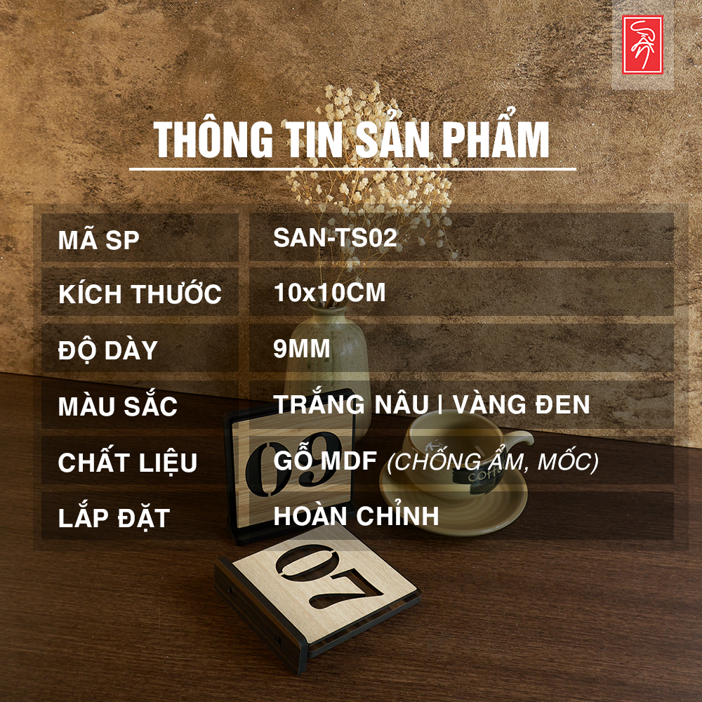 Bảng số bàn để bàn gỗ: Đánh số thứ tự cho quán cafe, trà sữa, quán bán đồ ăn uốn SAN-TS02