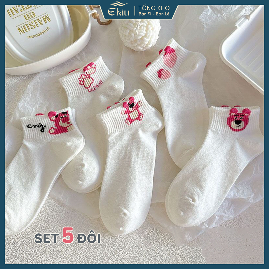 Set 5 Đôi Tất Vớ Nữ Cổ Ngắn Cotton Họa Tiết Gấu Hồng Xinh Xắn, Khử Mùi, Co Giãn 4 Chiều, Mềm Mịn - Ekiu Shop