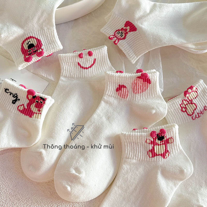 Set 5 Đôi Tất Vớ Nữ Cổ Ngắn Cotton Họa Tiết Gấu Hồng Xinh Xắn, Khử Mùi, Co Giãn 4 Chiều, Mềm Mịn - Ekiu Shop