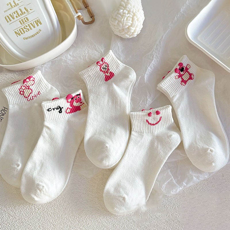 Set 5 Đôi Tất Vớ Nữ Cổ Ngắn Cotton Họa Tiết Gấu Hồng Xinh Xắn, Khử Mùi, Co Giãn 4 Chiều, Mềm Mịn - Ekiu Shop