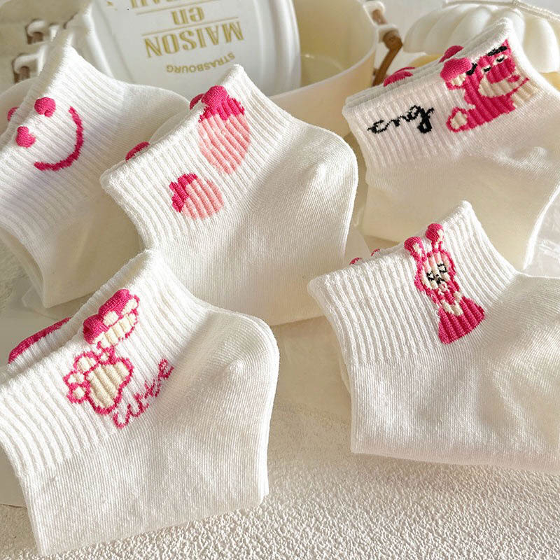 Set 5 Đôi Tất Vớ Nữ Cổ Ngắn Cotton Họa Tiết Gấu Hồng Xinh Xắn, Khử Mùi, Co Giãn 4 Chiều, Mềm Mịn - Ekiu Shop