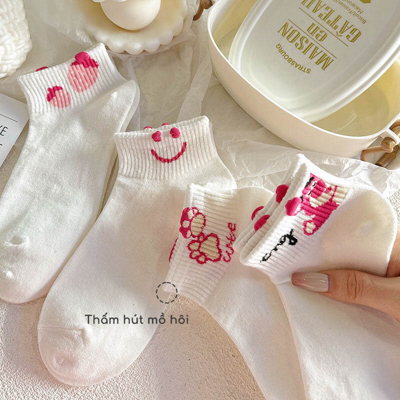 Set 5 Đôi Tất Vớ Nữ Cổ Ngắn Cotton Họa Tiết Gấu Hồng Xinh Xắn, Khử Mùi, Co Giãn 4 Chiều, Mềm Mịn - Ekiu Shop