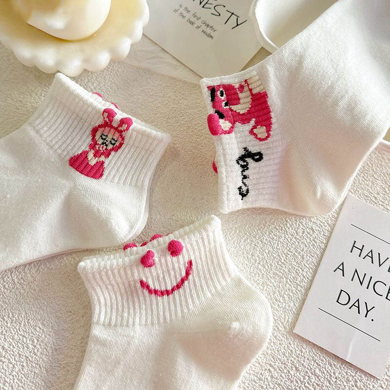 Set 5 Đôi Tất Vớ Nữ Cổ Ngắn Cotton Họa Tiết Gấu Hồng Xinh Xắn, Khử Mùi, Co Giãn 4 Chiều, Mềm Mịn - Ekiu Shop