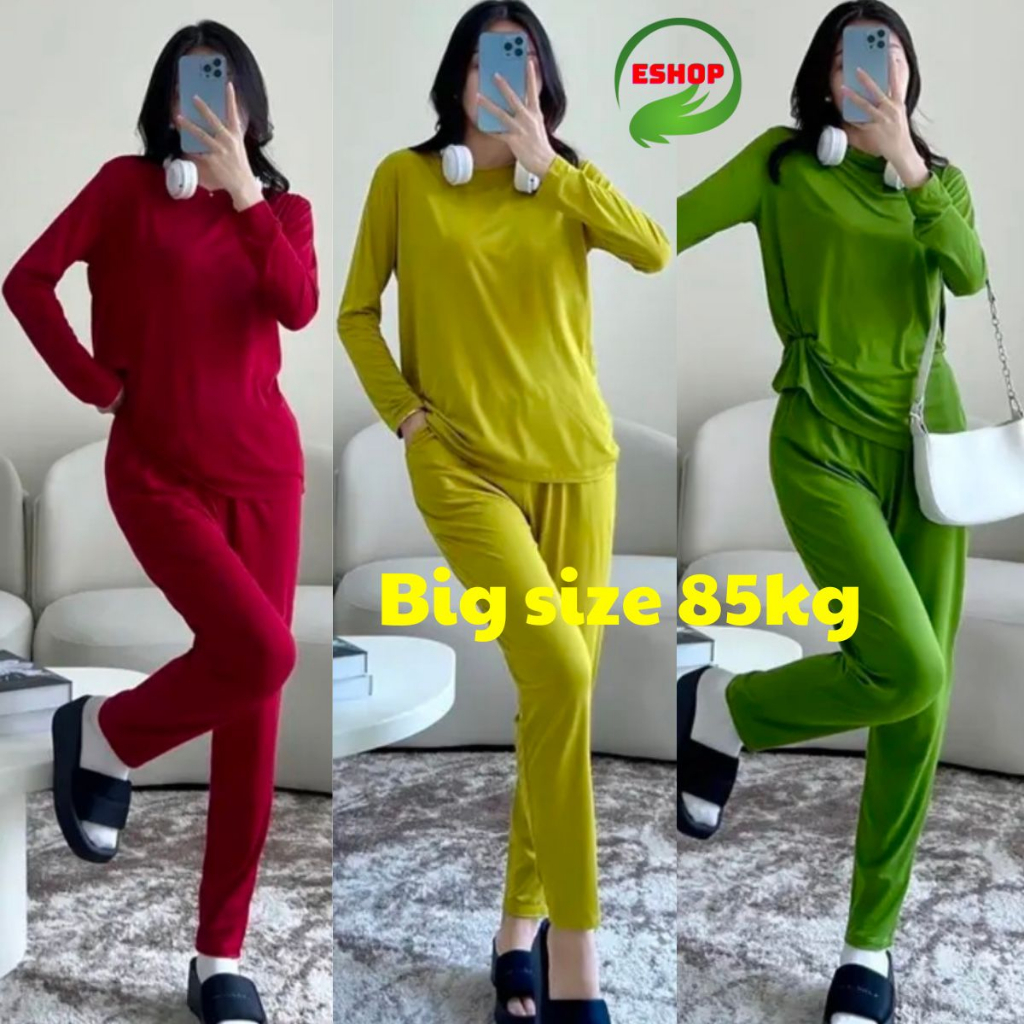 Set Đồ Bộ Nữ Tay Dài Ủ Kem Chất Thun Lạnh Cổ Tròn ESHOP Đồ Bộ Thun Lạnh Gân Tăm Mịn Mát Mặc Ủ Kem Tay Dài Quần Dài UK01