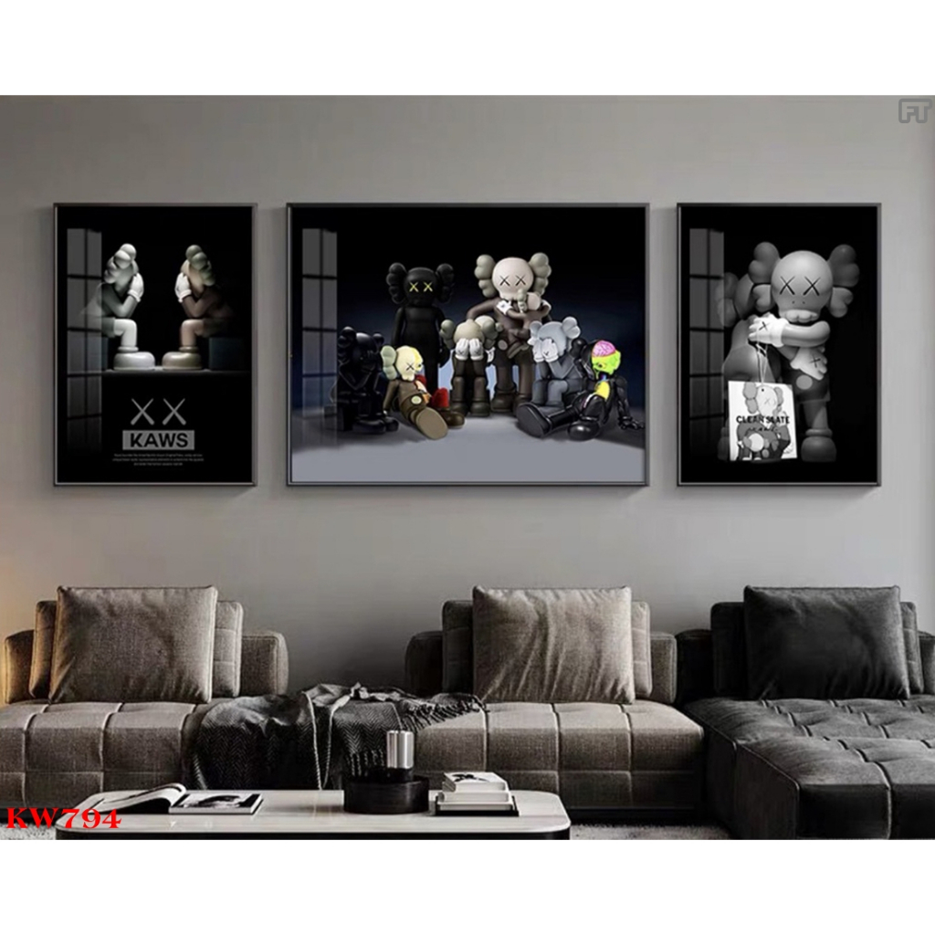 Bộ 3 Tranh Treo Tường Gấu Kaws Bearbrick Toy Tráng Gương 
