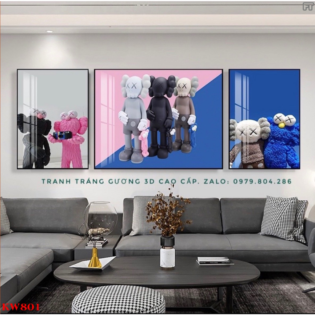 Bộ 3 Tranh Treo Tường Gấu Kaws Bearbrick Toy Tráng Gương