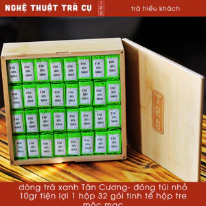 Trà Xanh Hiếu Khách đóng gói nhỏ 10gr -32 gói đóng hộp tre sang trọng mộc mạc thích hợp quà biếu