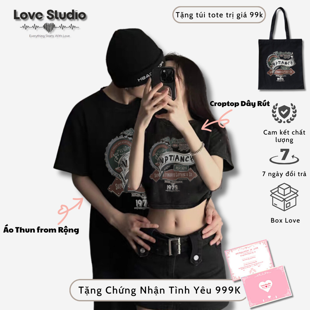 Set Đồ Đôi nam nữ cùng người yêu mùa hè áo thun croptop baby tee dây rút màu đen A032 tặng kèm túi tote