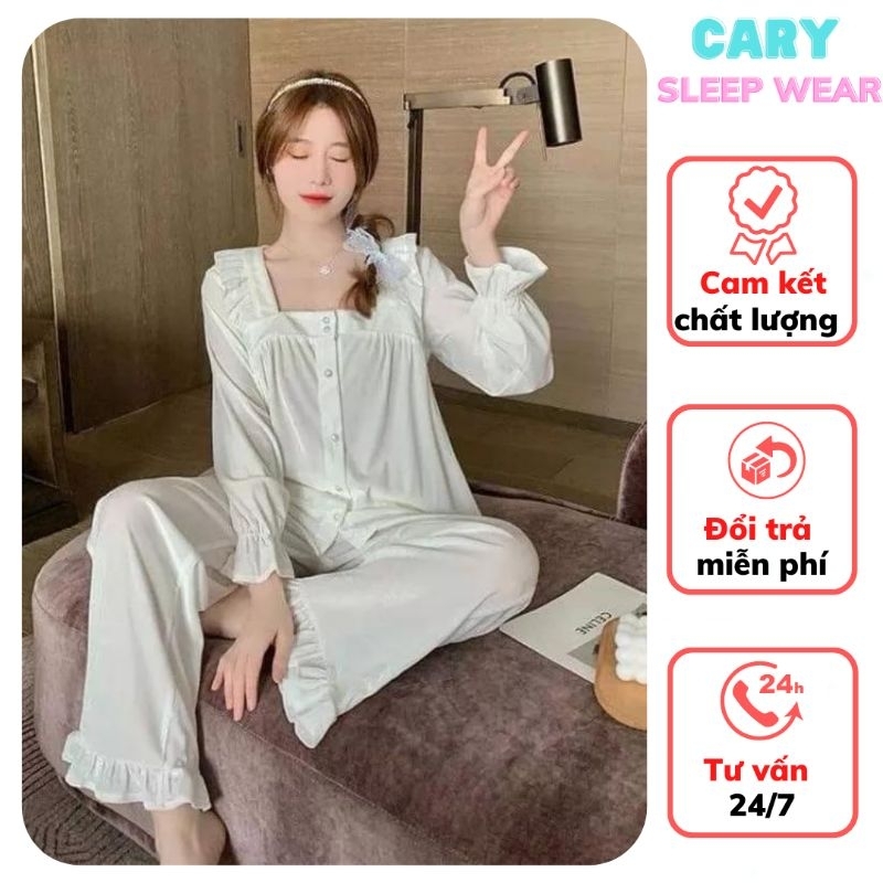 Đồ bộ pijama nữ dài tay cổ vuông siêu hot, đồ bộ mặc nhà tiểu thư tay dài quần dài dễ thương CARY