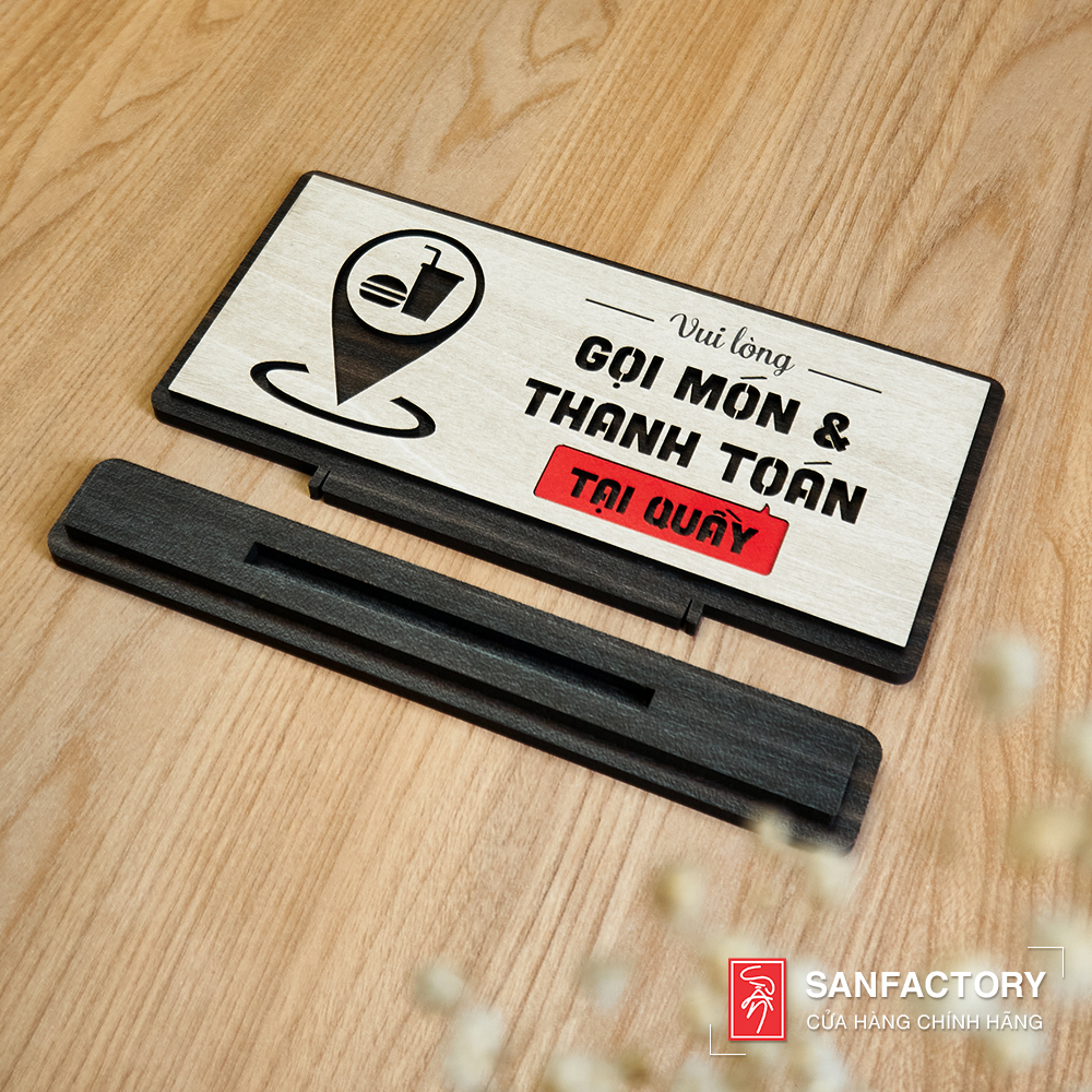 Bảng "vui lòng gọi món và thanh toán tại quầy" chất liệu gỗ để bàn SAN-OR04