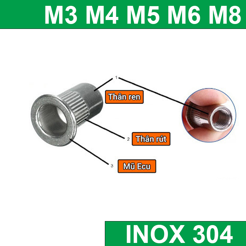 Ốc tán rút inox 304 M3, M4, M5, M6, M8, M10 tán inox không gỉ loại rút ...