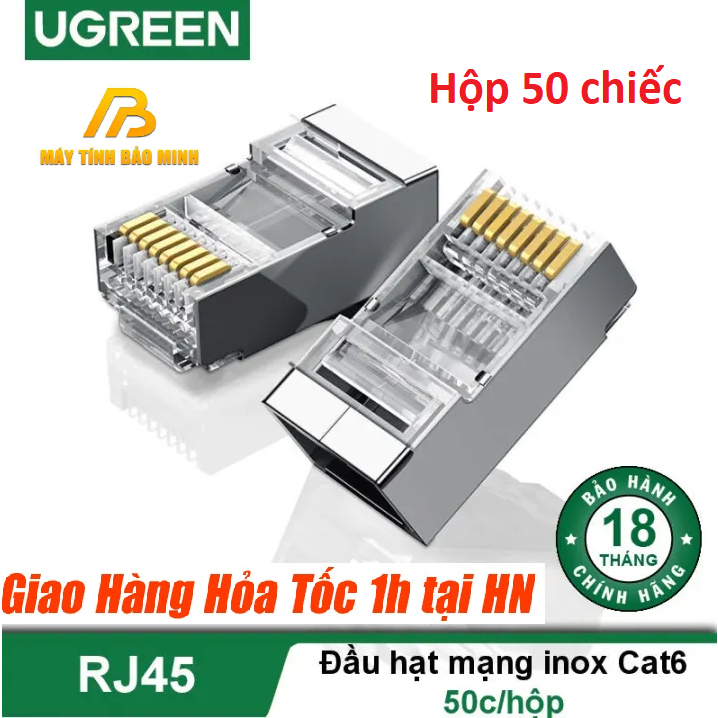 Hộp 50 chiếc Đầu bấm mạng RJ45 Cat6 Ugreen 50247 (Bọc Inox, Chân mạ ...