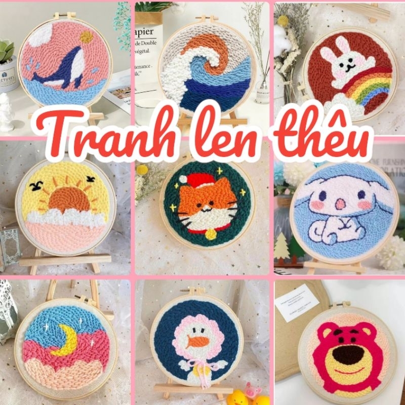 (Gồm cả bút thêu, giá trưng bày) Set tranh thêu len DIY đủ phụ kiện ...
