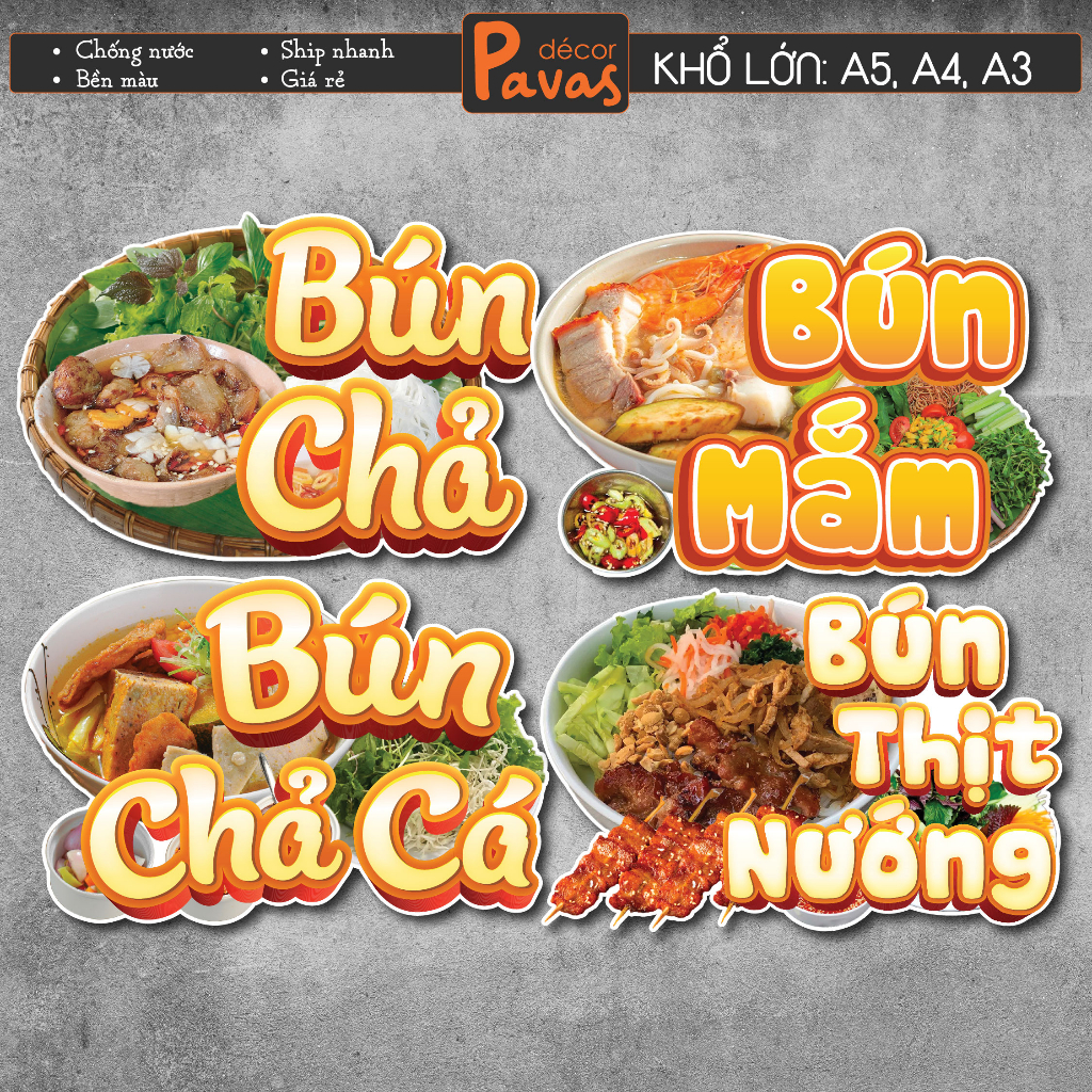 Decal Bún Chả, Bún Mắm, Thịt Nướng, Chả Cá chống nước trang trí dán ...